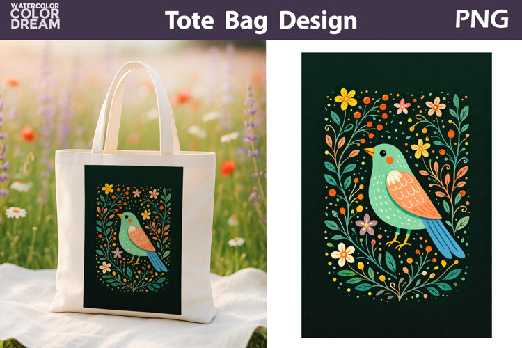 Folk Bird Berry Illustration | Tote Bag Sublimation example image 1