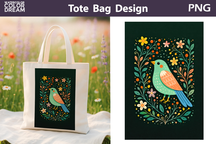 Folk Bird Berry Illustration | Tote Bag Sublimation