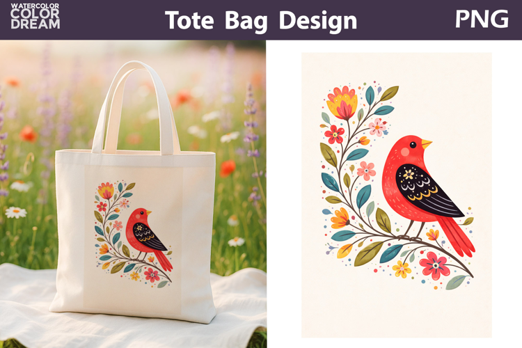 Folk Bird Berry Illustration | Tote Bag Sublimation
