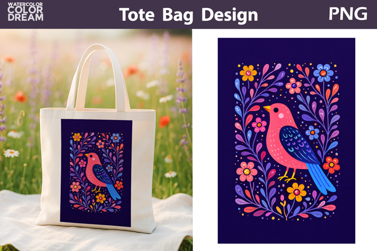 Folk Bird Berry Illustration | Tote Bag Sublimation