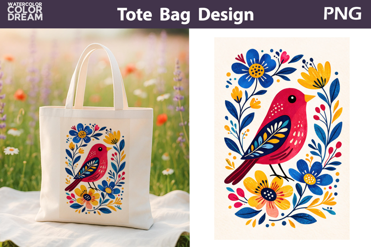 Folk Bird Berry Illustration | Tote Bag Sublimation