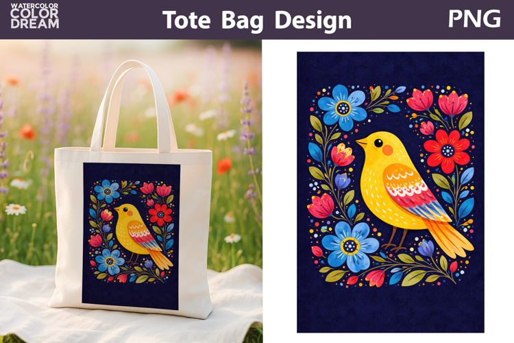 Folk Bird Berry Illustration | Tote Bag Sublimation