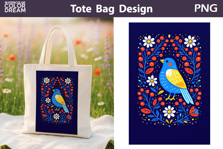 Folk Bird Berry Illustration | Tote Bag Sublimation example image 1
