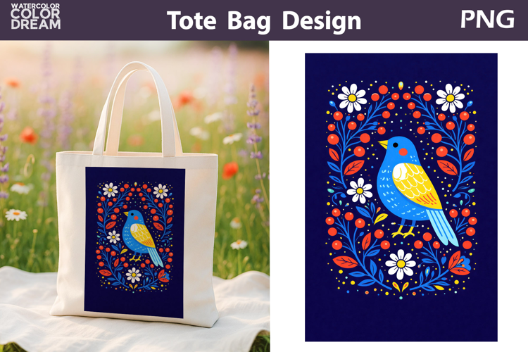 Folk Bird Berry Illustration | Tote Bag Sublimation
