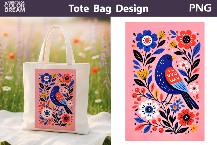 Folk Bird Berry Illustration | Tote Bag Sublimation