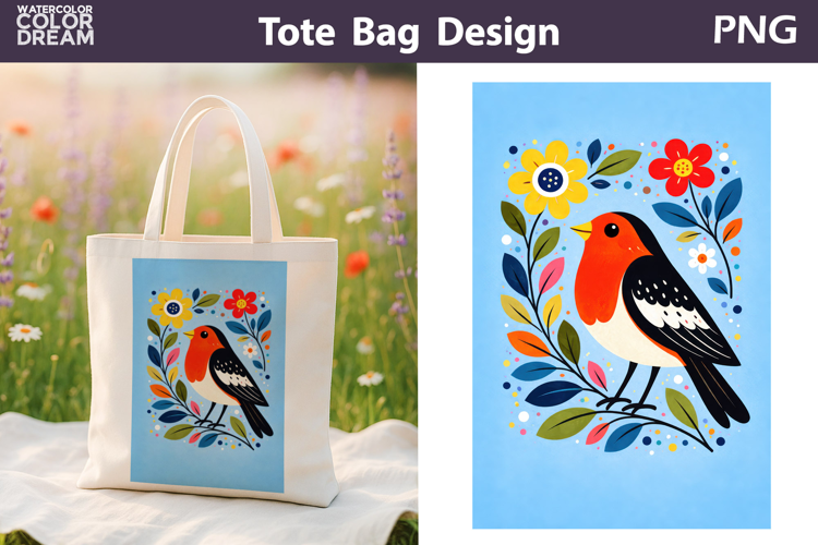 Folk Bird Berry Illustration | Tote Bag Sublimation