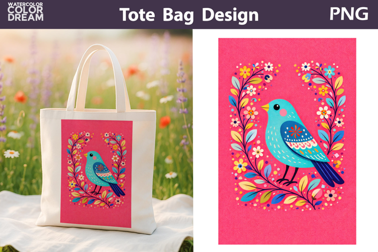 Folk Bird Berry Illustration | Tote Bag Sublimation