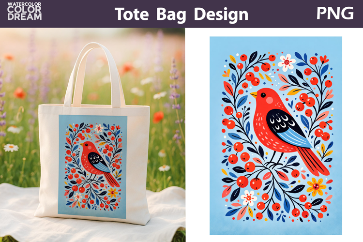 Folk Bird Berry Illustration | Tote Bag Sublimation
