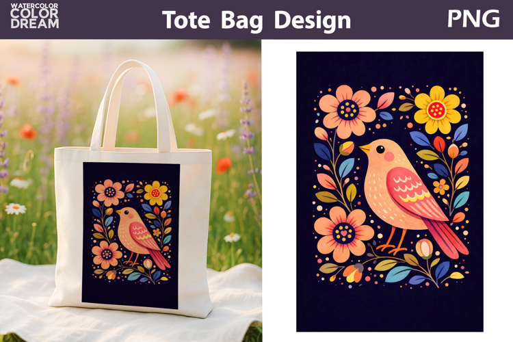 Folk Bird Berry Illustration | Tote Bag Sublimation