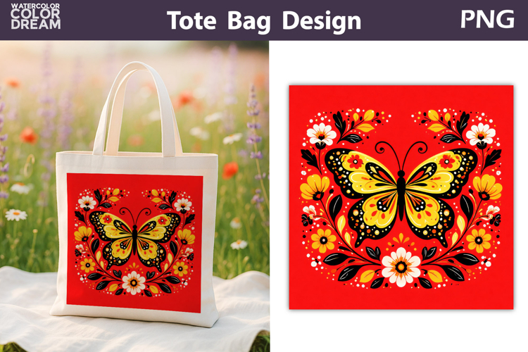 Folk Butterfly Floral Illustration | Tote Bag Sublimation