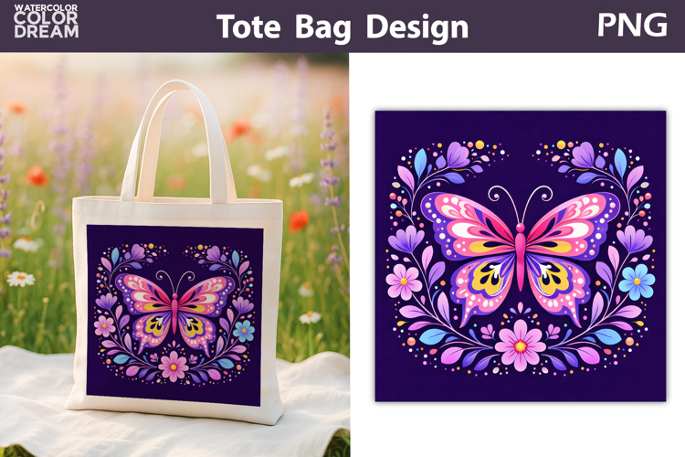 Folk Butterfly Floral Illustration | Tote Bag Sublimation
