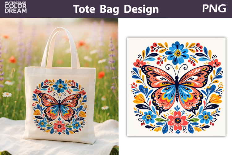 Folk Butterfly Floral Illustration | Tote Bag Sublimation