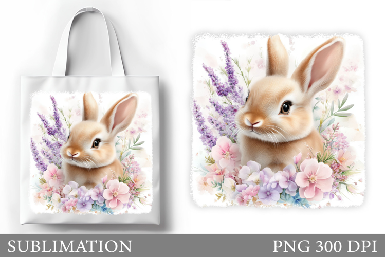 Cute Bunny Tote Bag Design. Bunny Flowers Sublimation