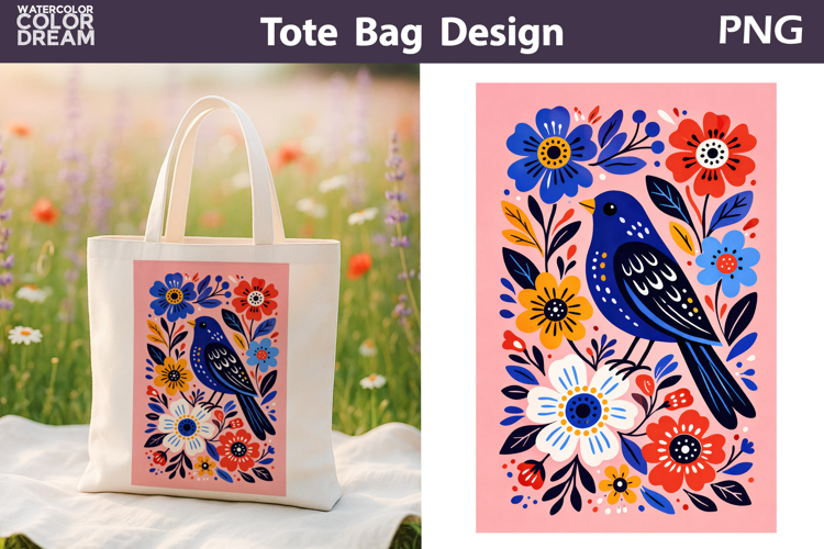 Folk Bird Berry Illustration | Tote Bag Sublimation