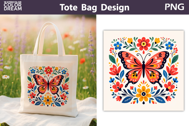 Folk Butterfly Floral Illustration | Tote Bag Sublimation