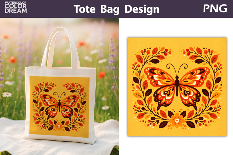 Folk Butterfly Floral Illustration | Tote Bag Sublimation