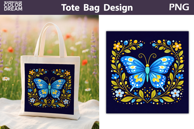 Folk Butterfly Floral Illustration | Tote Bag Sublimation