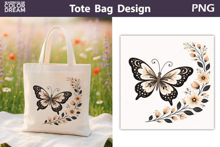 Folk Butterfly Floral Illustration | Tote Bag Sublimation