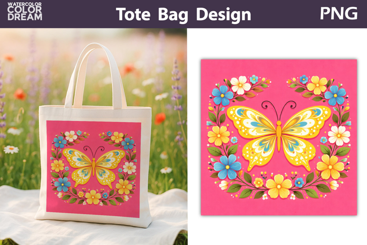 Folk Butterfly Floral Illustration | Tote Bag Sublimation