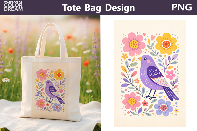Folk Bird Berry Illustration | Tote Bag Sublimation