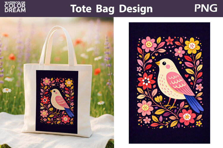 Folk Bird Berry Illustration | Tote Bag Sublimation example image 1