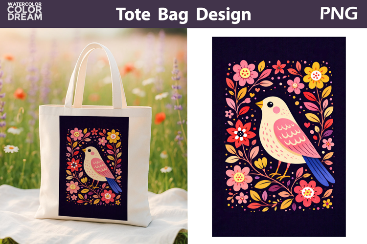 Folk Bird Berry Illustration | Tote Bag Sublimation