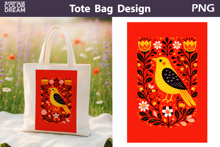 Folk Bird Berry Illustration | Tote Bag Sublimation