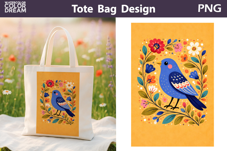 Folk Bird Berry Illustration | Tote Bag Sublimation