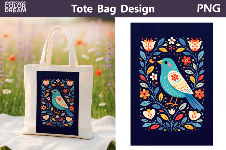 Folk Bird Berry Illustration | Tote Bag Sublimation