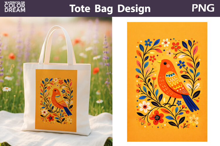 Folk Bird Berry Illustration | Tote Bag Sublimation example image 1