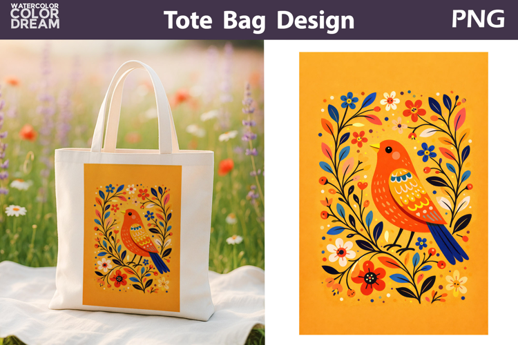 Folk Bird Berry Illustration | Tote Bag Sublimation