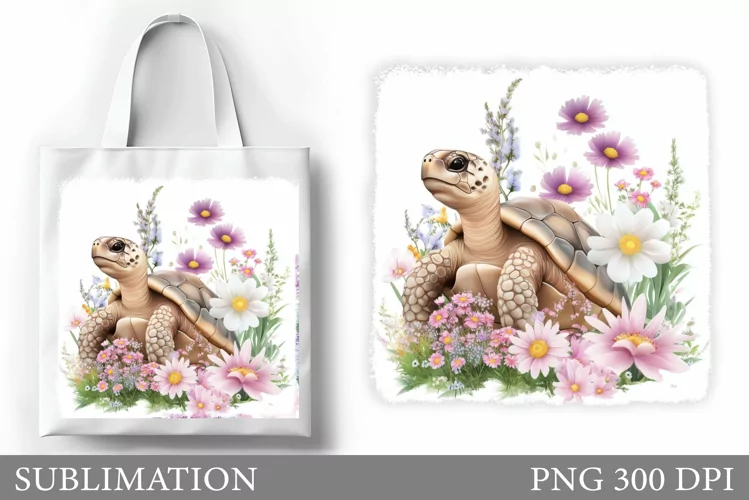 Turtle Tote Bag Design. Turtle Flowers Sublimation