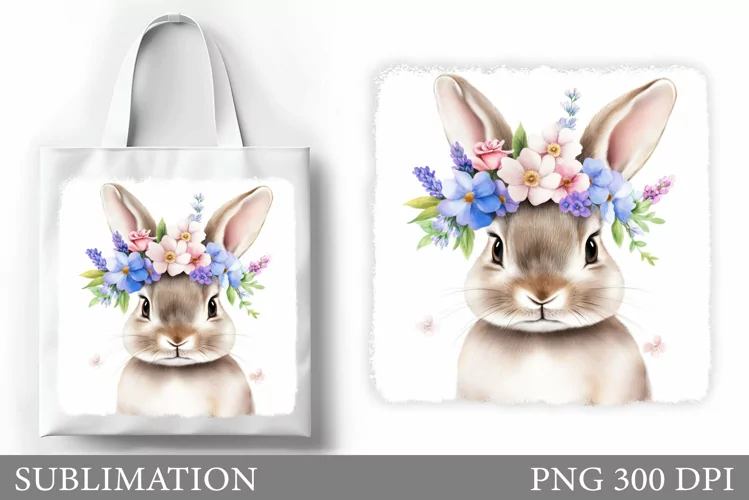 Cute Bunny Tote Bag Design. Bunny Flowers Sublimation