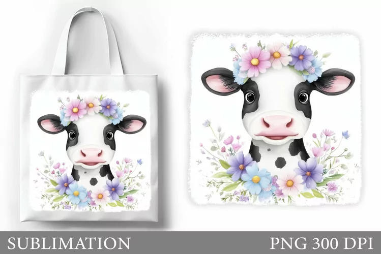 Cute Cow Tote Bag Sublimation. Cow Flowers Sublimation