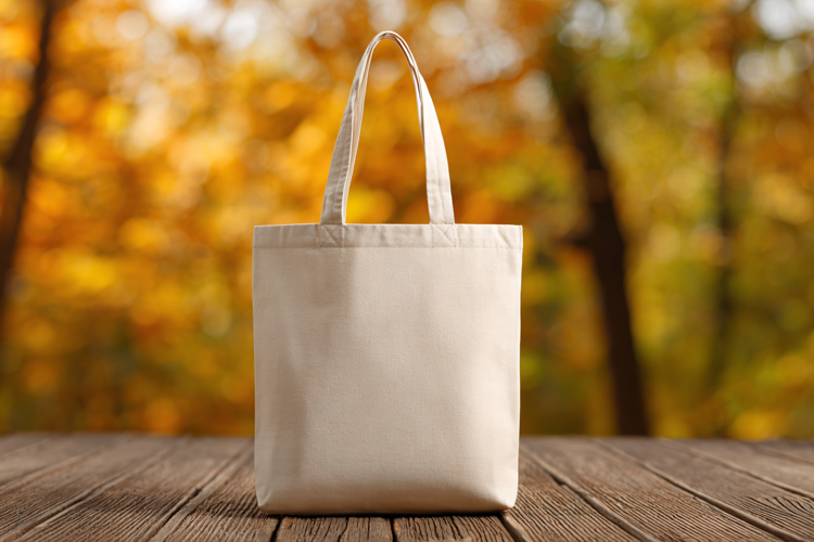 Canvas Tote Bag on Wooden Table for Brand Mockup