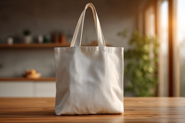 Blank canvas tote bag on wooden table Eco friendly cotton