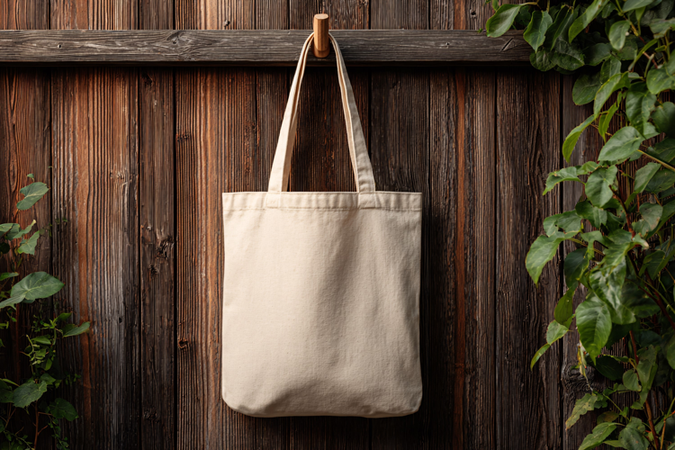 Canvas Tote Bag Hanging on Wood