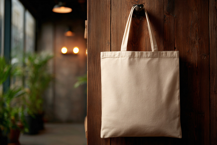 Canvas Tote Bag Hanging on Wood