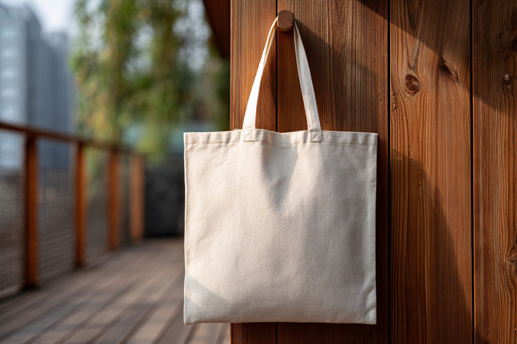 Canvas Tote Bag Hanging on Wood