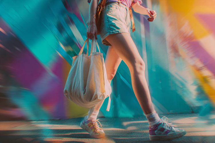 Woman Walking with Canvas Tote