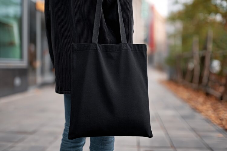 Person Holding Blank Canvas Tote Bag Mockup example image 1