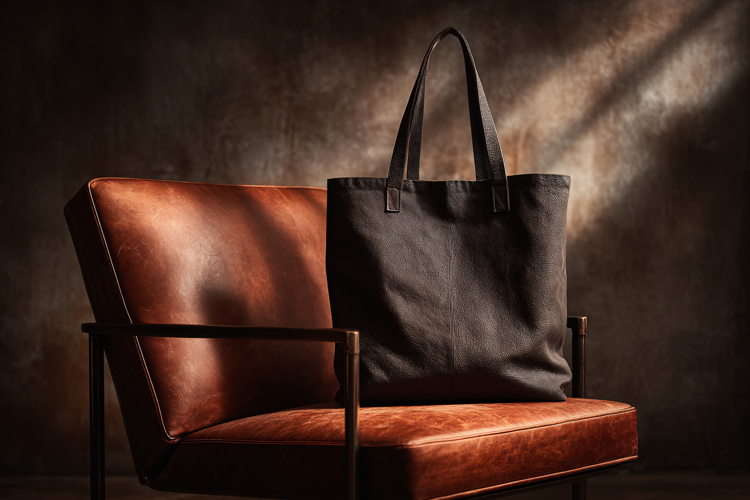 Black Tote Bag on Leather Armchair Mockup
