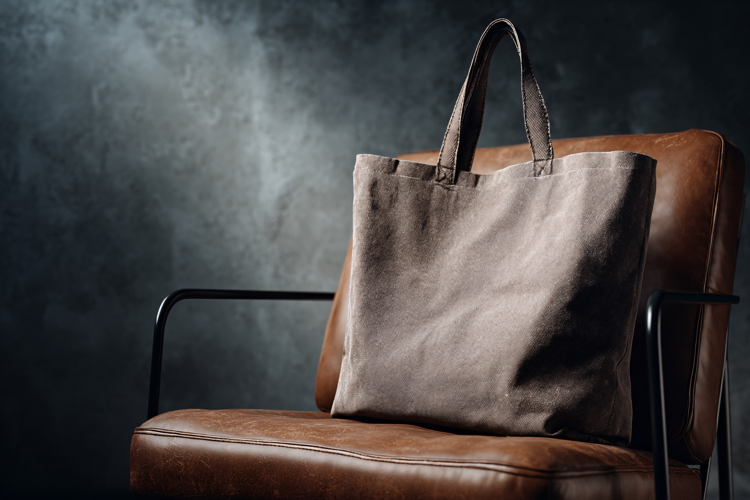 Brown Fabric Tote Bag on Leather Chair