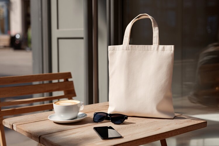 Canvas Tote Bag on Cafe Table Mockup example image 1