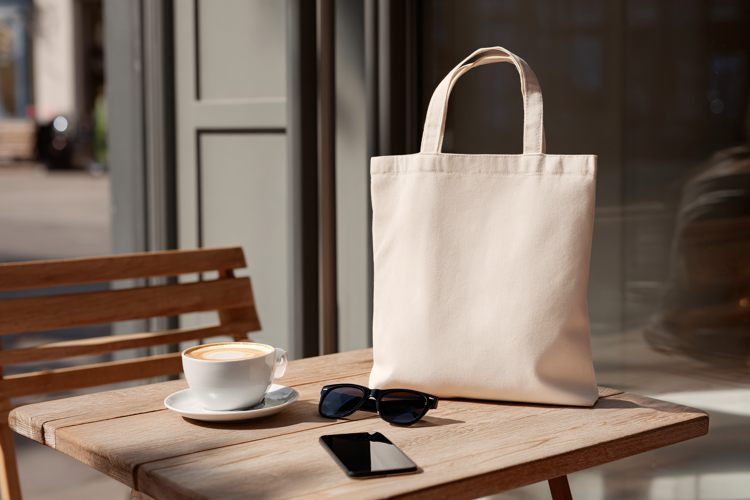 Canvas Tote Bag on Cafe Table Mockup