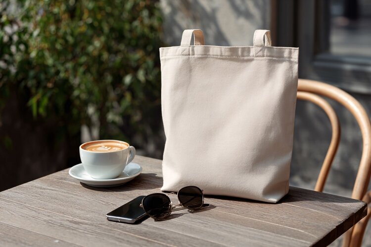 Canvas Tote Bag on Wooden Table Mockup example image 1