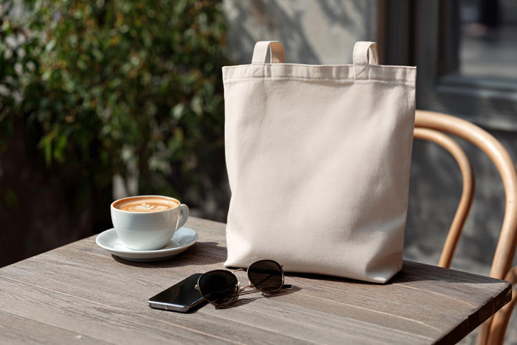 Canvas Tote Bag on Wooden Table Mockup