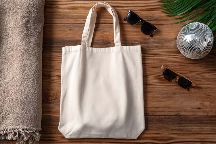 Canvas Tote Bag on Wooden Table Mockup example image 1