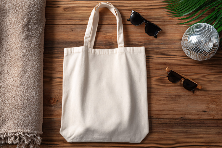 Canvas Tote Bag on Wooden Table Mockup