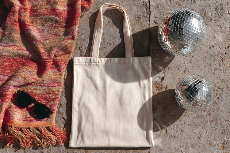 Canvas Tote Bag on Concrete with Disco Decor